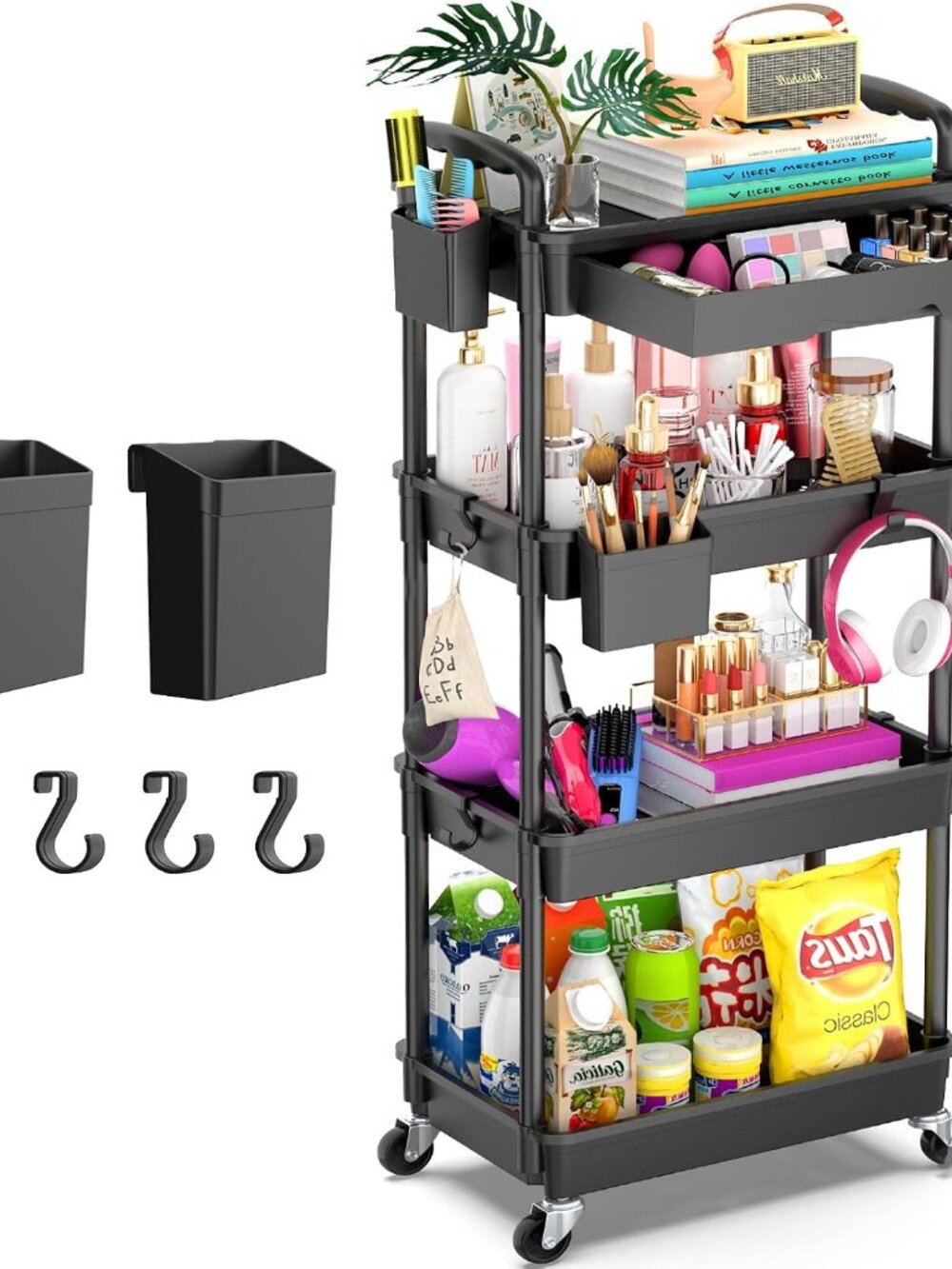 4 Tier Rolling Utility Cart Organizer with Removable Drawer, Black